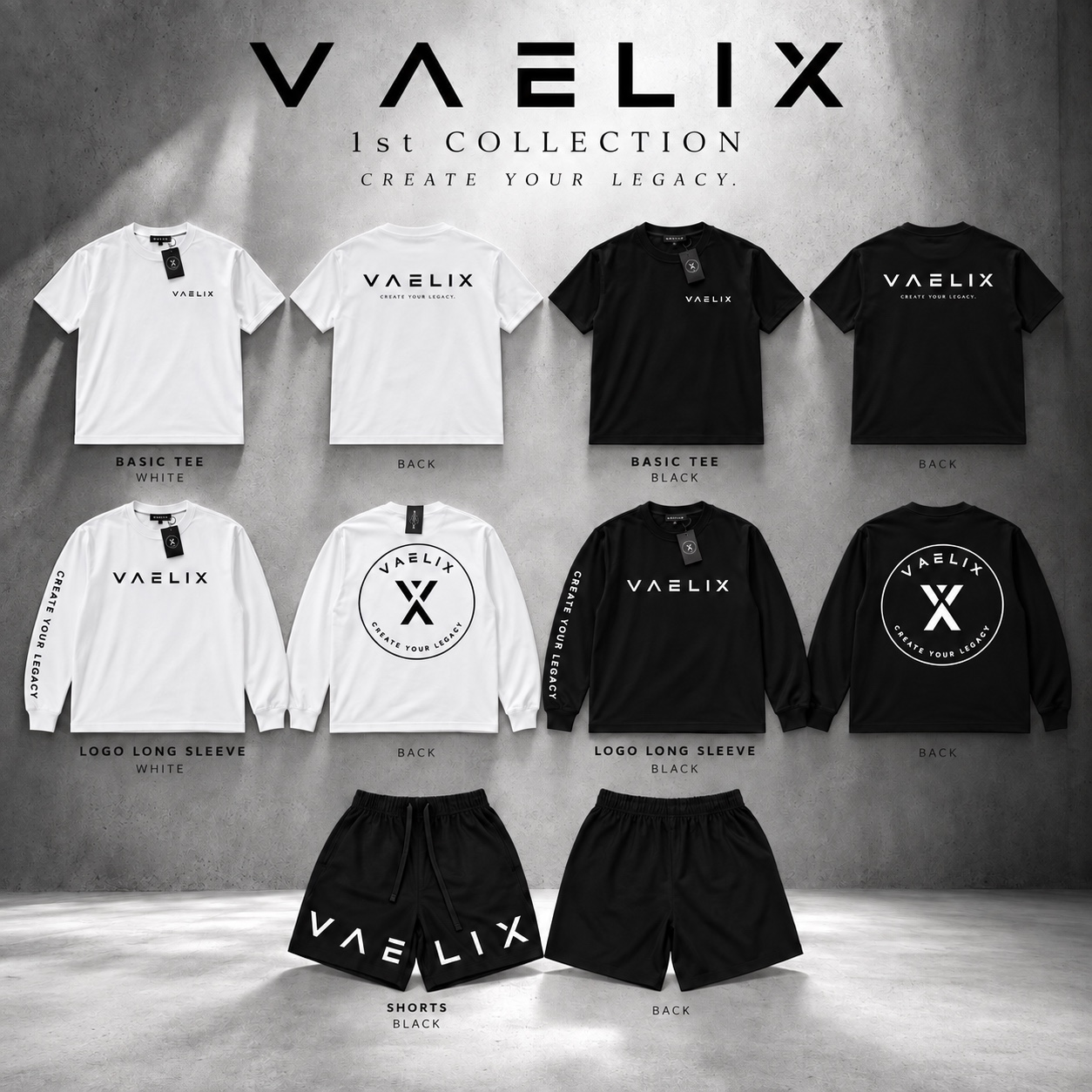 VAELIXファーストコレクション:白黒のTシャツ、長袖Tシャツ、ショーツの前後デザイン